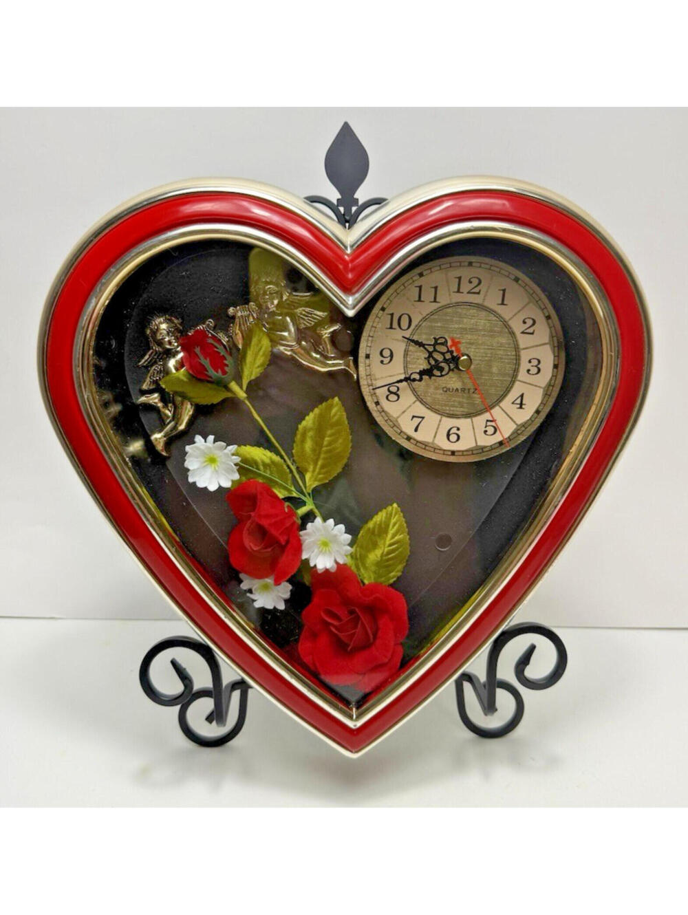 Vtg Red Heart Shaped Hanging Wall Clock Faux Flowers Gold Cherubs Kitsch Works!